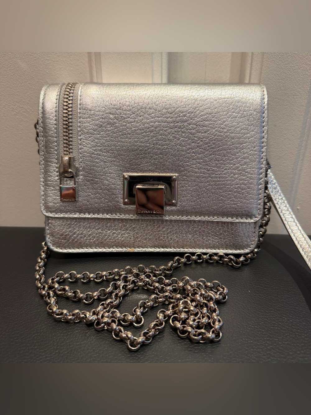 Tiffany & Co. Silver Metallic Leather Mini Crossbody Bag COA